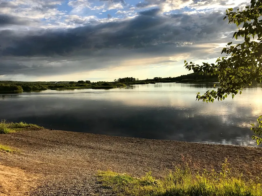 A tranquil riverbank with clouds in the sky